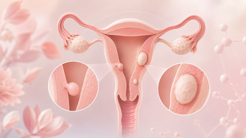 Delikatna, pastelowa ilustracja medyczna przedstawiająca macicę i endometrium z uproszczonymi wizualizacjami polipa oraz mięśniaka. Grafika utrzymana w łagodnej, edukacyjnej estetyce, bez drastycznych detali i bez napisów.